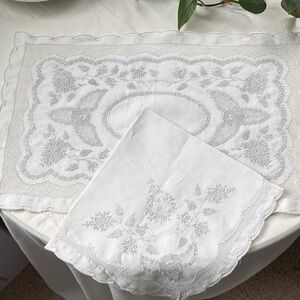 Elegant vintage White and Gray Embroidered  placemats and napkins.